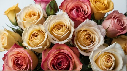 Bush of colorful roses on plain white background from Generative AI