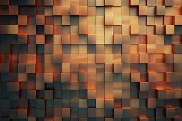 3D mosaics forming a wall with a soft sheen. Rectangular blocks stacked in a wood block pattern. Digital render. Generative AI