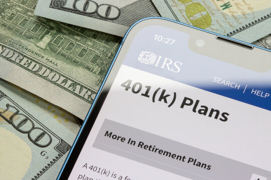 Portland, OR, USA - Jan 25, 2024: Webpage of 401(K) Plans is seen on the IRS website on an iPhone. 401(k) plans are employer-sponsored defined-contribution pension accounts.