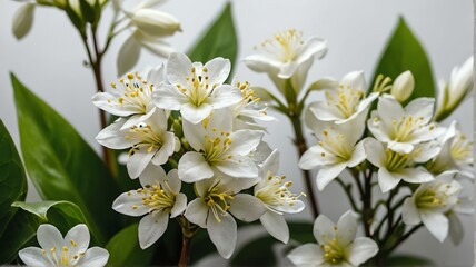 Fototapeta premium Bush of sampaguita flowers on plain white background from Generative AI
