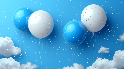 Vibrant Blue and White Balloons Soar Against Clear Sky