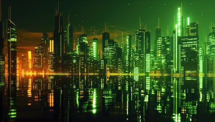 Fototapeta na wymiar Futuristic green glowing cityscape at night with skyscrapers and reflections