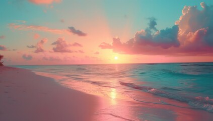 Naklejka na ściany i meble Calm ocean waves under a pink sky at sunset. Calm nature