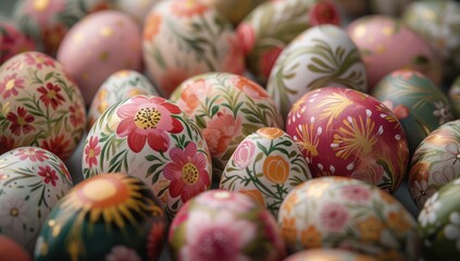 Fototapeta na wymiar Hand painted floral Easter eggs. Spring holiday decorations