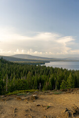 lake with forest and mountains during sunset