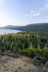 lake with forest and mountains during sunset