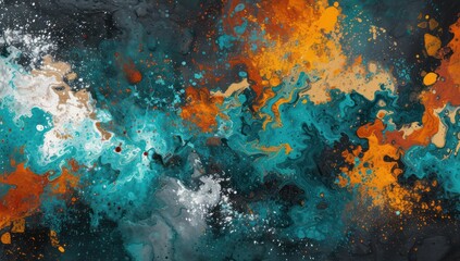 Obraz premium Vibrant turquoise and orange acrylic pour with dynamic swirls and cells