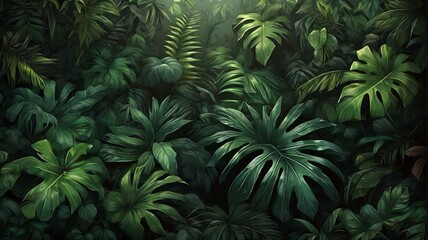 green fern background realistic Nature leaves, darkgreen tropical forest, backgound illustration concept