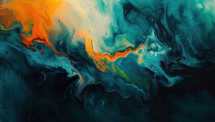 Vibrant turquoise and orange acrylic pour with dynamic swirls and cells - obrazy, fototapety, plakaty