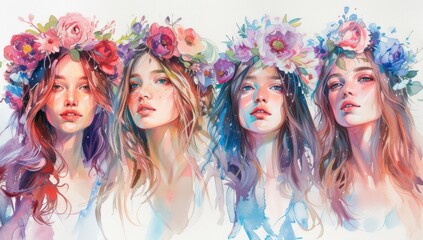 Watercolor of beautiful girls with a beautiful headband of flowers on their heads