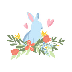 Rabbit silhouette with handdrawn flowers and hearts. Cute vector Easter design with texture.