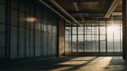 Back entrance of an old office building with sunlight rays on the morning from Generative AI
