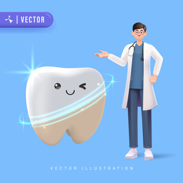 Happy young male dentist with 3D tooth character in blue isolated bakground