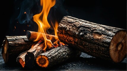 Pieces of burning logs on plain black background from Generative AI