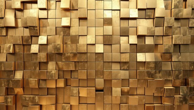 Luxury geometric wall with gold texture and modern metal cube