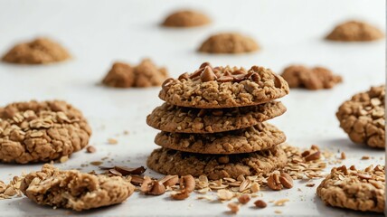 Fototapeta na wymiar Pile of oat cookie crumbs on plain white background from Generative AI