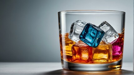 A glass with colorful alcoholic beverage and ice cubes on plain white background from Generative AI