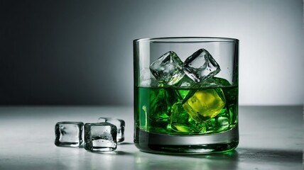 A glass with green alcoholic beverage and ice cubes on plain white background from Generative AI