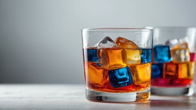 A glass with colorful alcoholic beverage and ice cubes on plain white background from Generative AI