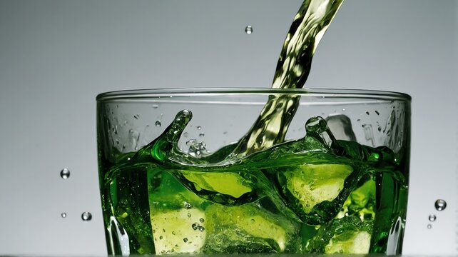 A glass with green soda cola drink liquid on plain white background from Generative AI