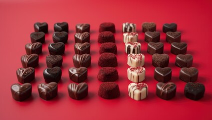 A variety of handmade chocolates in the shape of a heart. Sweet gift concept for romance and pleasure