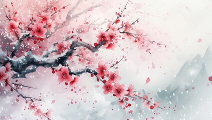 Red cherry blossoms watercolor illustration. Gentle spring flower branches on a soft pastel background