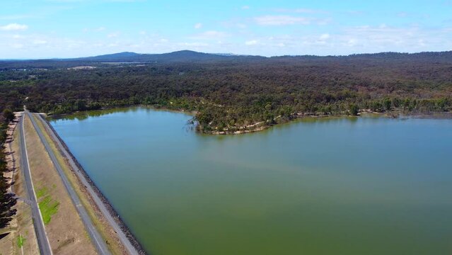 Footage Aerial view of Crusoe Reservoir in Bendigo, Victoria, Australia is a popular destination for cycling, swimming, walking, jogging and fishing, the image in panorama.
