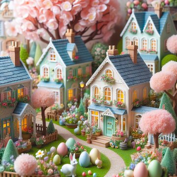 Close-up of a quaint Easter village scene with pastel-colored cottages and blooming gardens Charming and nostalgic Perfect for creating a whimsical Easter atmosphere 