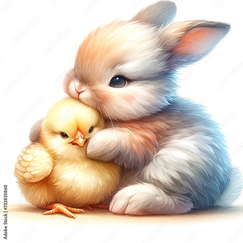Poster whimsical bunny watercolor illustration created with generative ai technology