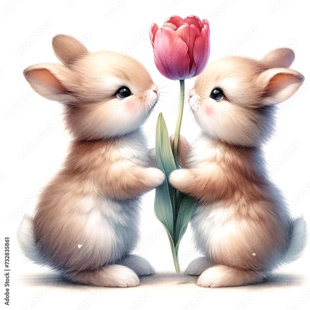 Poster whimsical bunny watercolor illustration created with generative ai technology