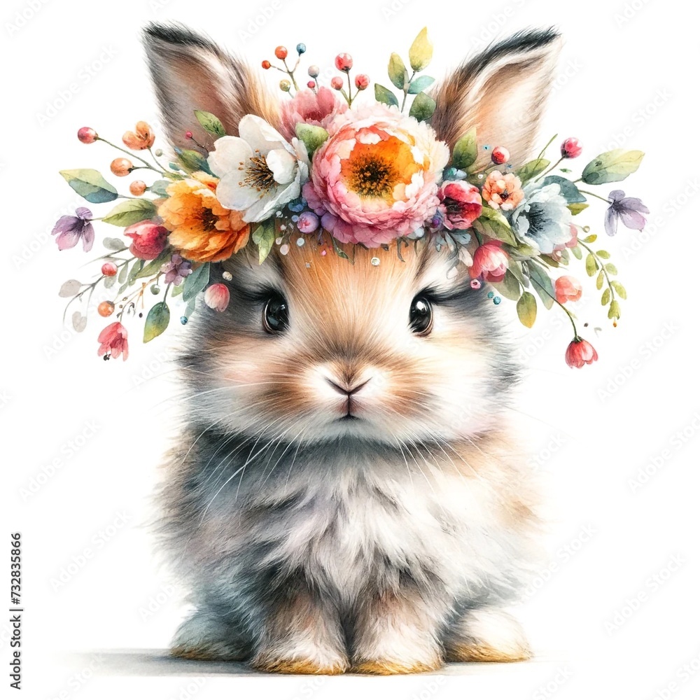 Poster whimsical bunny watercolor illustration created with generative ai technology