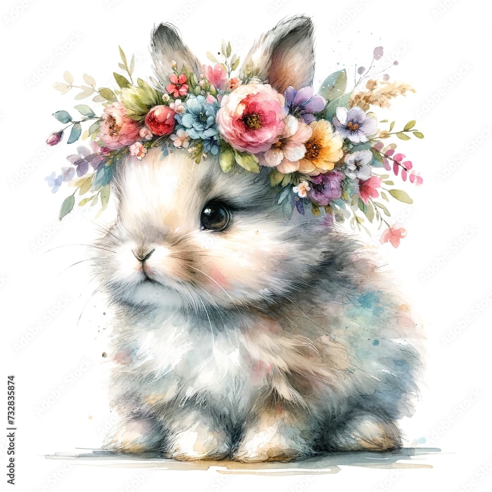 Poster whimsical bunny watercolor illustration created with generative ai technology