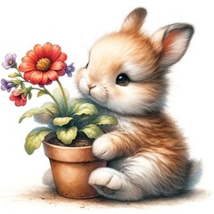 Whimsical bunny watercolor illustration created with Generative AI technology