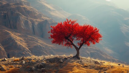 A majestic mahogany tree against the background of a calm mountain