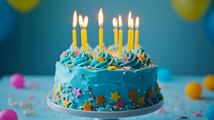 Birthday Cake on Blue background, - obrazy, fototapety, plakaty