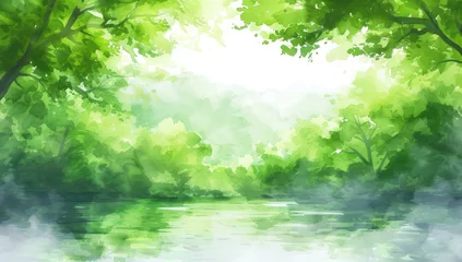 Foto op Canvas Tranquil reflection of a watercolor forest in a misty green landscape © ColdFire