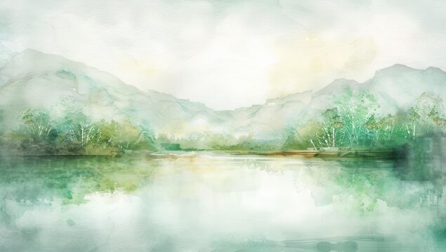 Tranquil reflection of a watercolor forest in a misty green landscape