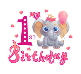 My 1st Birthday handwritten lettering with drawing cute elephant girl. Vector illustration.