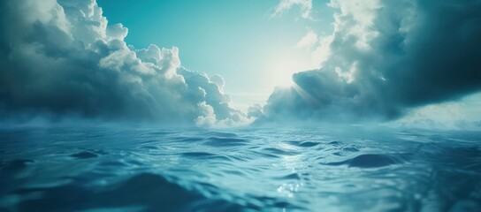 Naklejka premium Calm ocean view with fluffy white clouds and clear blue sky