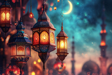 Obraz premium ramadan Kareem, Ramadan crescent moon, Eid Mubarak Islamic festival social media banner and Eid Mubarak Post Template, islam