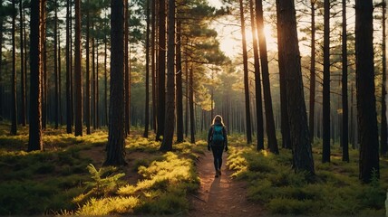 Hiker woman walking on pine forest path on on trail woods background at sunset from Generative AI - obrazy, fototapety, plakaty