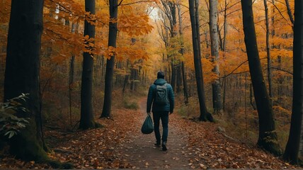 Man walking in autumn forest nature path walk on trail woods background from Generative AI