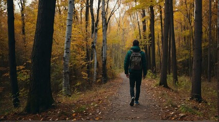 Man walking in autumn forest nature path walk on trail woods background from Generative AI
