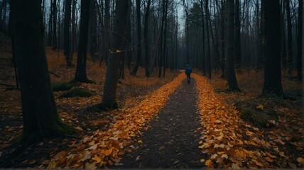 Man walking in autumn forest nature path walk on trail woods background at night from Generative AI