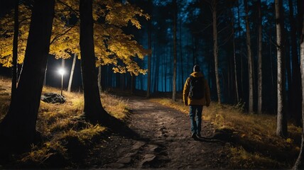 Man walking in autumn forest nature path walk on trail woods background at night from Generative AI