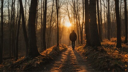 Man walking in autumn forest nature path walk on trail woods background at sunset from Generative AI