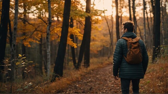 Man walking in autumn forest nature path walk on trail woods background at sunset from Generative AI