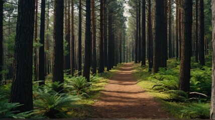 Pine trees forest path on on trail woods background from Generative AI