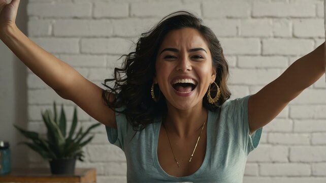 Portrait of a beautiful happy mexican woman celebrating success and winning with arms up from Generative AI