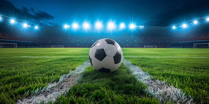 Fu&szlig;ball auf einem Sportplatz in einem Stadion bei Nacht  mit Flutlichtern 